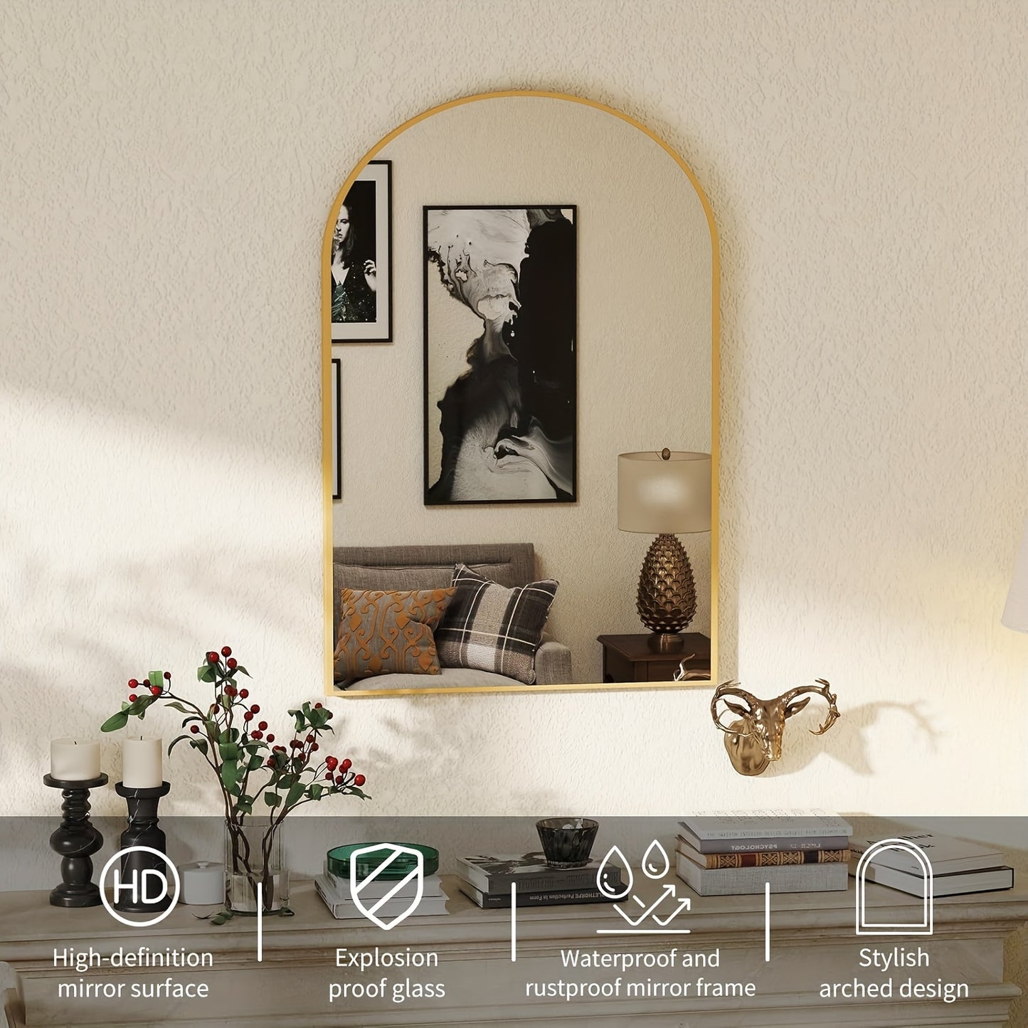 Arch Bathroom Mirror, Wall-Mounted Vanity Mirror, Bathroom Mirror Over Sink with Metal Frame Shatter-Proof, Modern Home Decor Mirror for Bedroom, Living Room