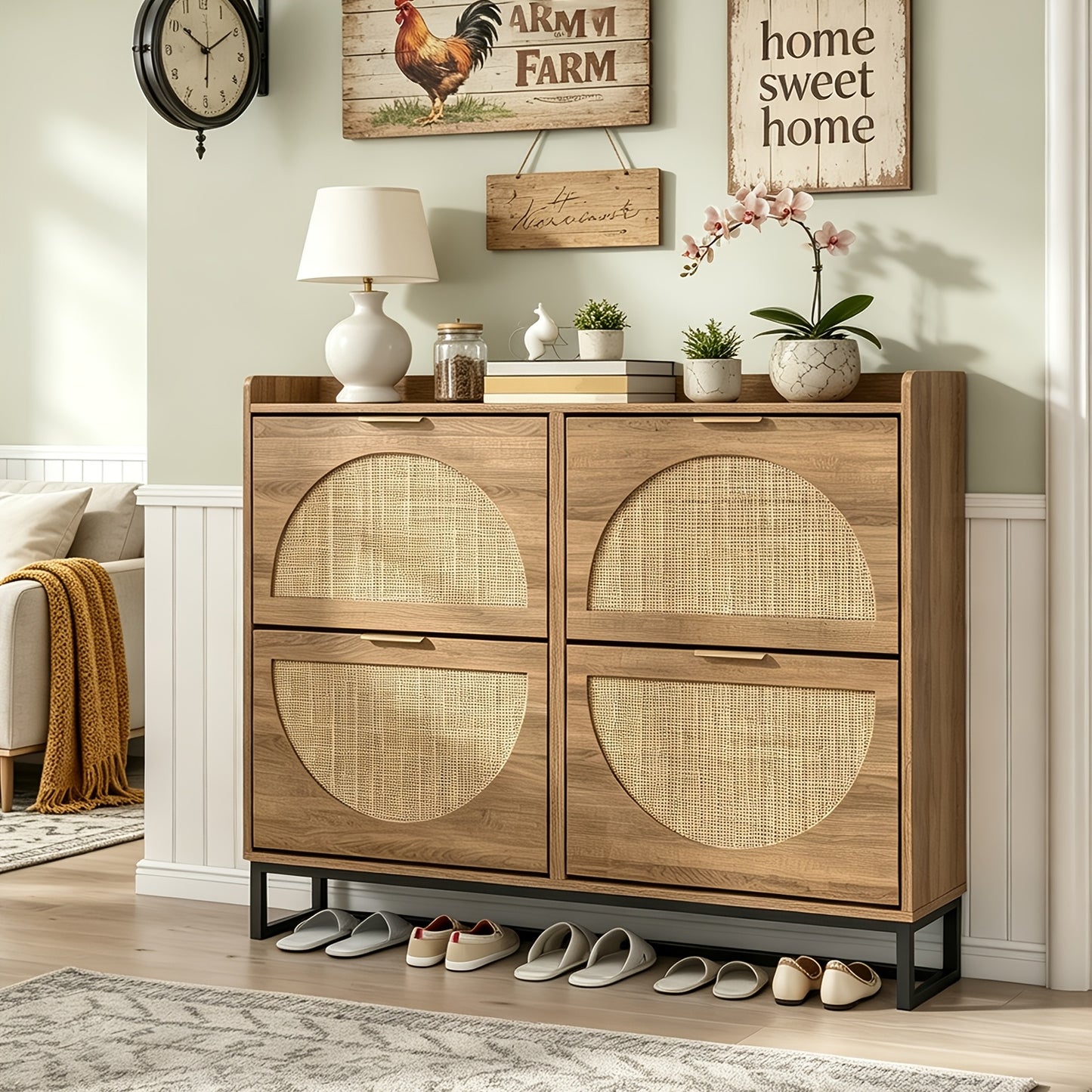 Rustic Oak Rattan Shoe Storage Cabinet, 2/3/4 Flip Drawers Freestanding Narrow Shoe Organizer, Shoe Rack With Sturdy Metal Legs And Hidden Golden Handles, Space Saving Hidden Footwear Storage Furniture Perfect For Entryway Hallway Front Door Home De