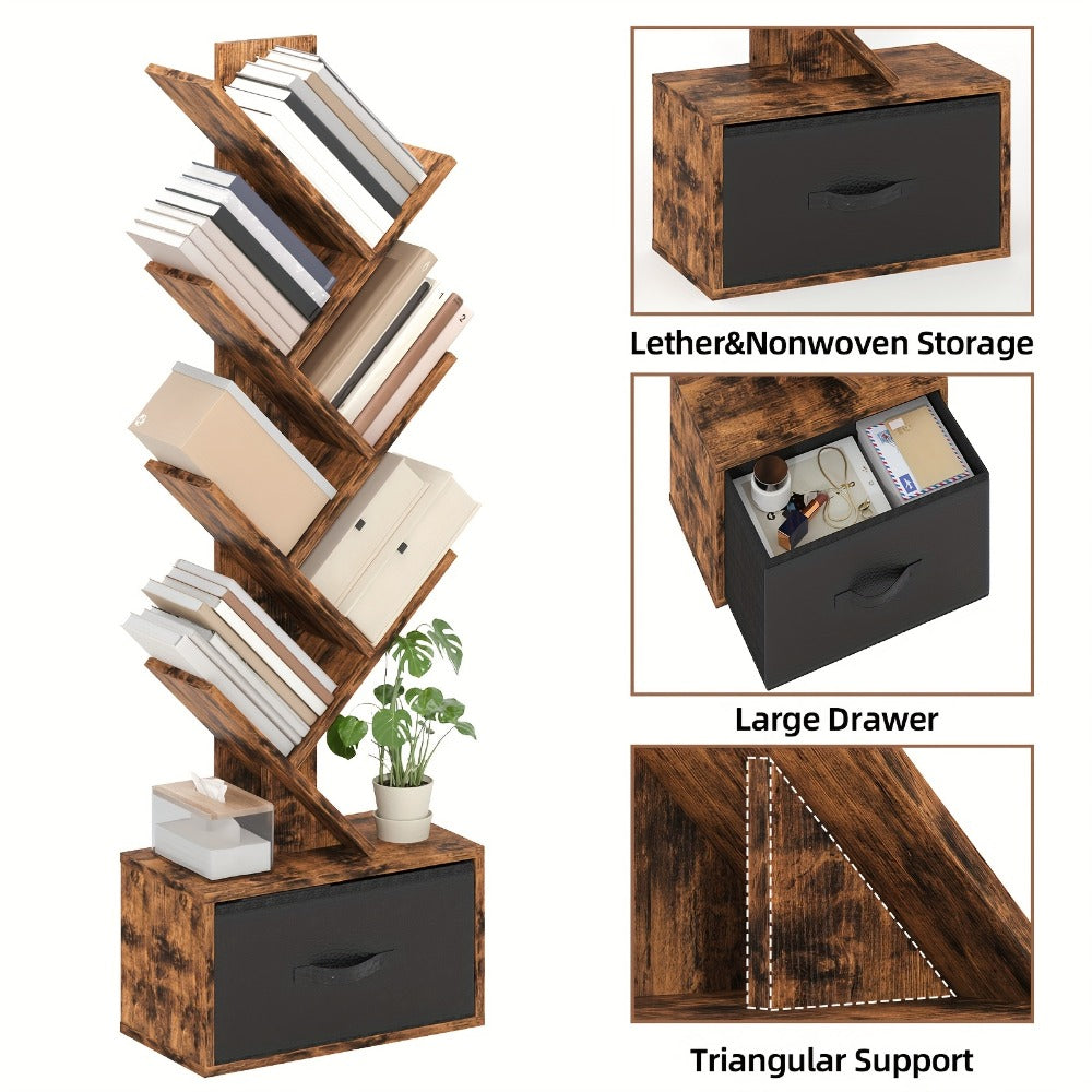6-Tier Tree Shaped Bookshelf with Drawer – Rustic Brown Wood Book Storage Shelf for Living Room, Bedroom & Home Decor, Freestanding Display Organizer for Books, CDs & Movies