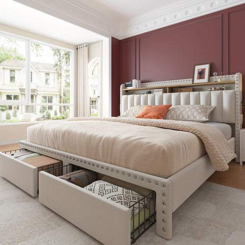 King Size Upholstered Bed Frame with Storage, 2-Tier Headboard And 2 Drawers, Sturdy Wood Slats, No Box Spring Needed, Noise-Free, Modern Grey/Beige, Easy Assembly, Space Saving