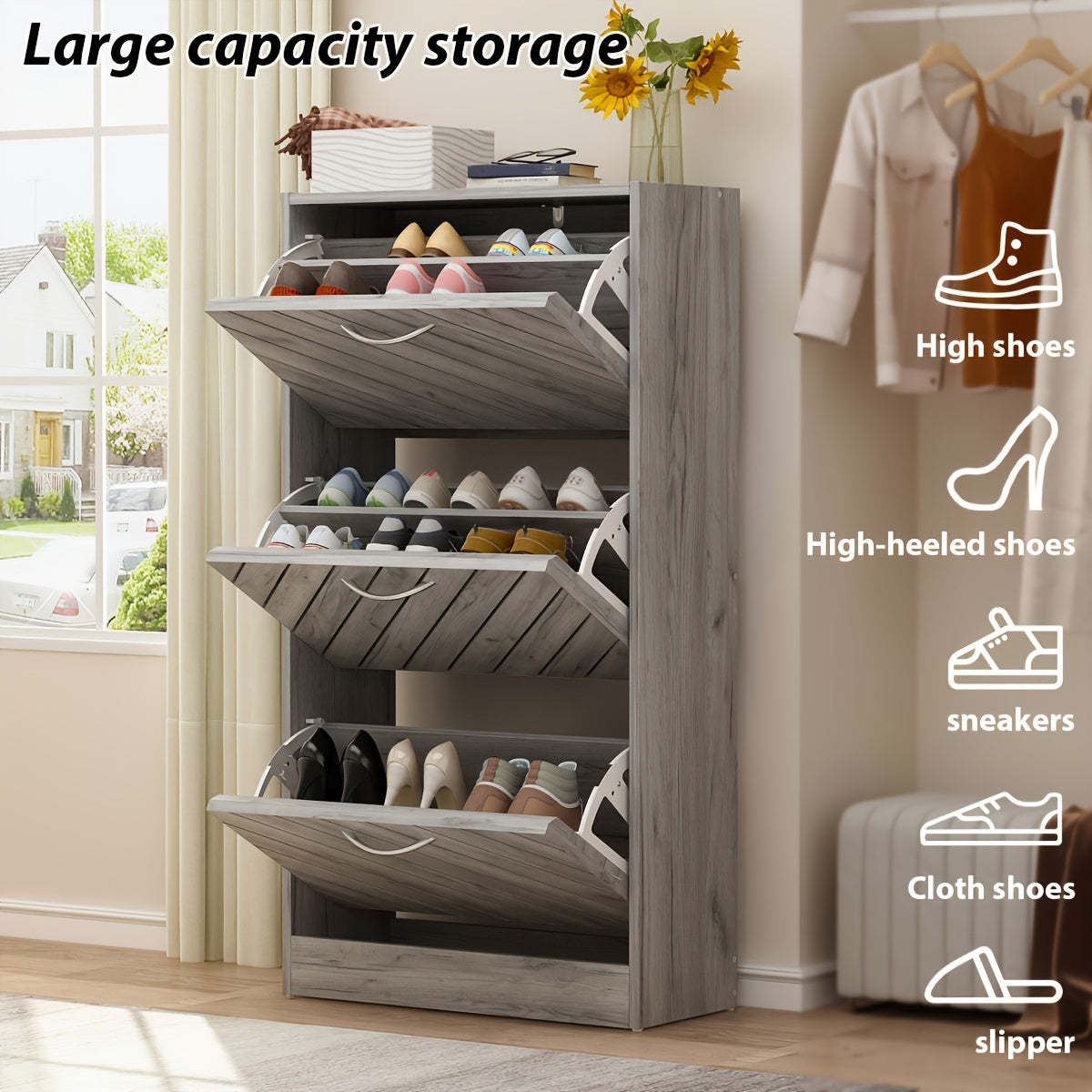 Modern Shoe Cabinet with 3 Flip Drawers, Shoe Storage Organizer with Louver Doors, Shoe Storage Up to 18 Pairs, for Living Room, Enterway, Hallway