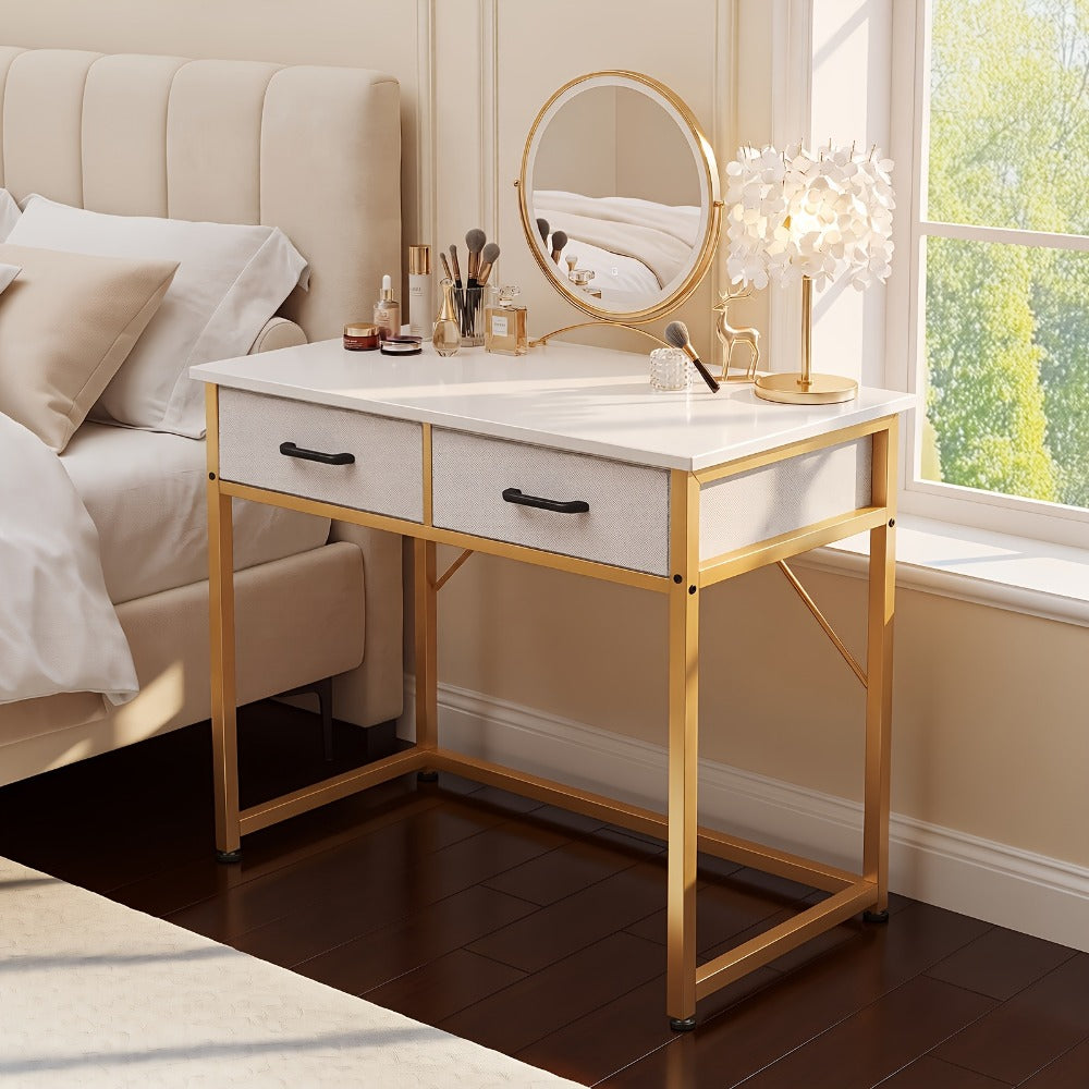 32" Small Computer Desk & Vanity Table with 2 Drawers & Headphone Hook – Compact Writing Desk for Home Office, Bedroom & Study, Modern Space-Saving Design, White or White-Gold