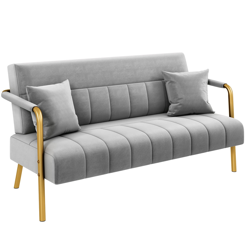 Costoffs Velvet Fabric Sofa Couch, 56.5″ W Modern Loveseat Couch with Gold-tone Metal Arms, Legs & 2 Pillows, Sofa for Living Room, Bedroom Furniture