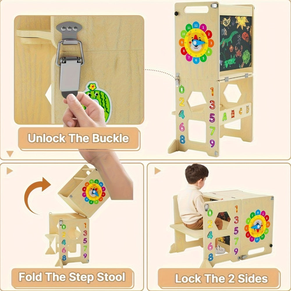 4-in-1 Toddler Learning Tower Foldable Wood Step Stool with Learning Clock & Blackboard, Kids Kitchen Helper Climbing Ladder for Motor Skills Development, Montessori Toddler Furniture, Khaki