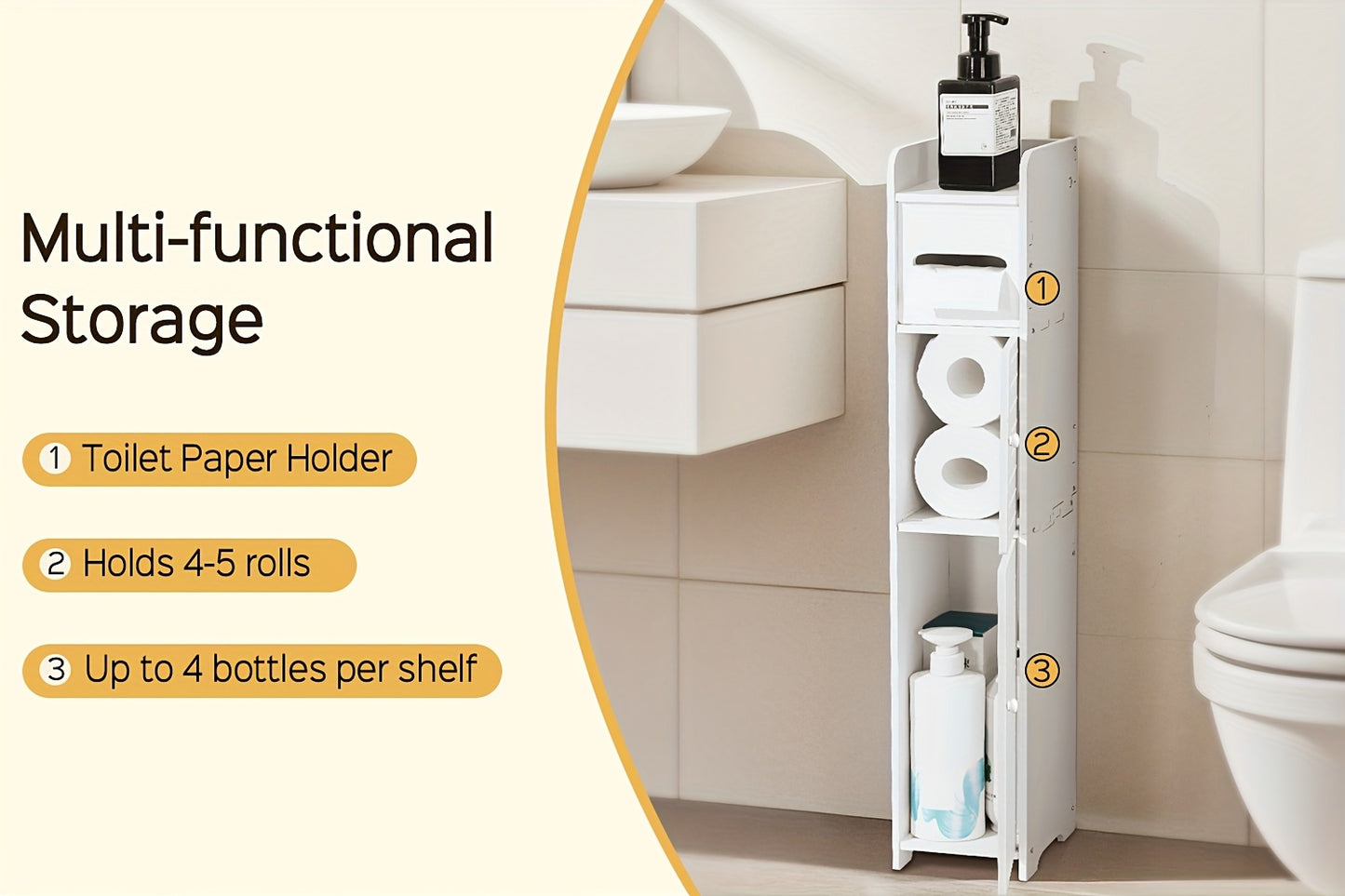 Small Bathroom Storage Cabinet, Slim And Crafted PVC Organizer, Ideal for Tight Spaces, Easy to Assemble And Durable, Multi-Purpose Toilet Paper Holder Cabinet for Bathroom, Bedroom And Living Room, (8Mm Material Thickness)