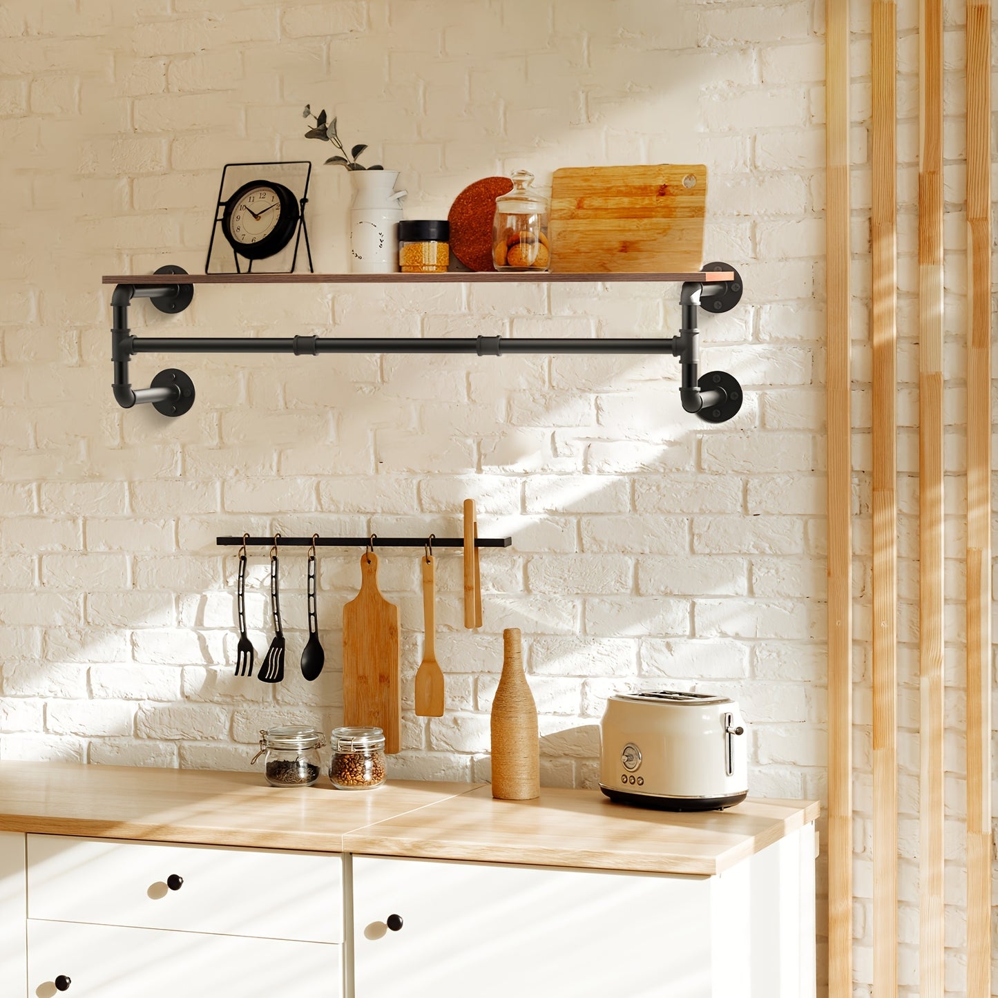 AESOME 39.3''L Industrial Pipe Clothes Rack with Top Shelf And 3 Hooks Wall Mounted Garment Rack Heavy Duty Detachable Multi-Purpose Hanging Rod for Closet Storage