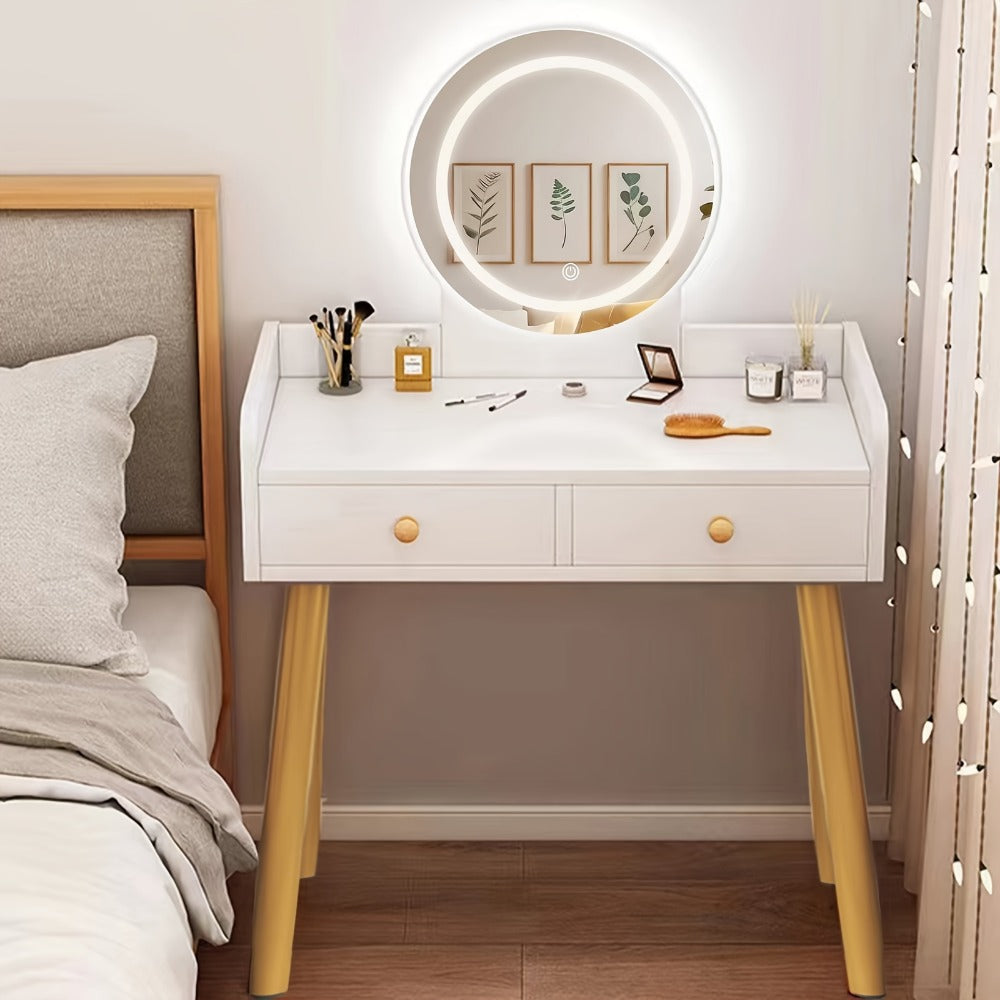 Vanity Desk with Mirror and Lights, Brightness Adjustable Makeup Table with Drawer, Bedroom Dressing Table for Small Space, White
