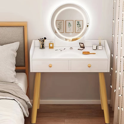 Vanity Desk with Mirror and Lights, Brightness Adjustable Makeup Table with Drawer, Bedroom Dressing Table for Small Space, White
