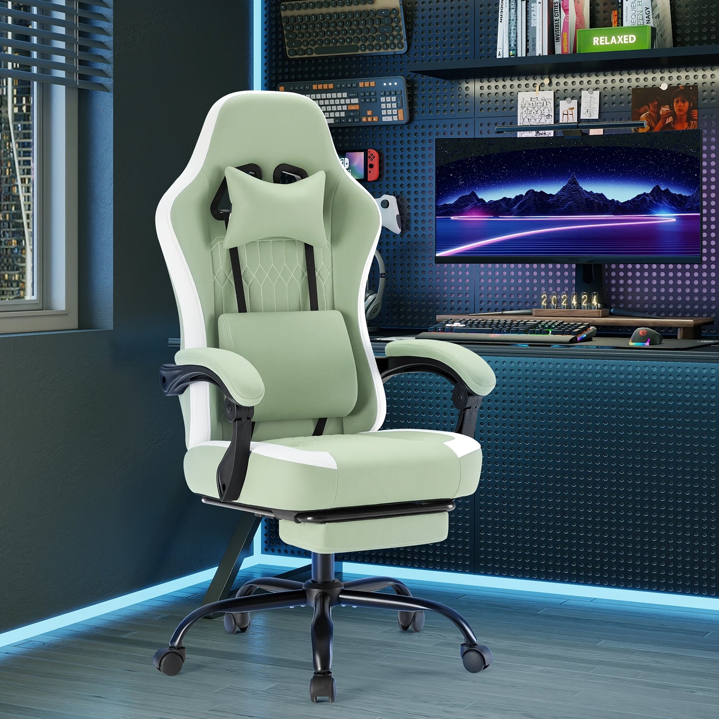 Computer Game Chair - Ergonomic Office Chair with Foot and Lumbar Support, Height Adjustable Work Chair, Headrests, Armrests, and Rollers
