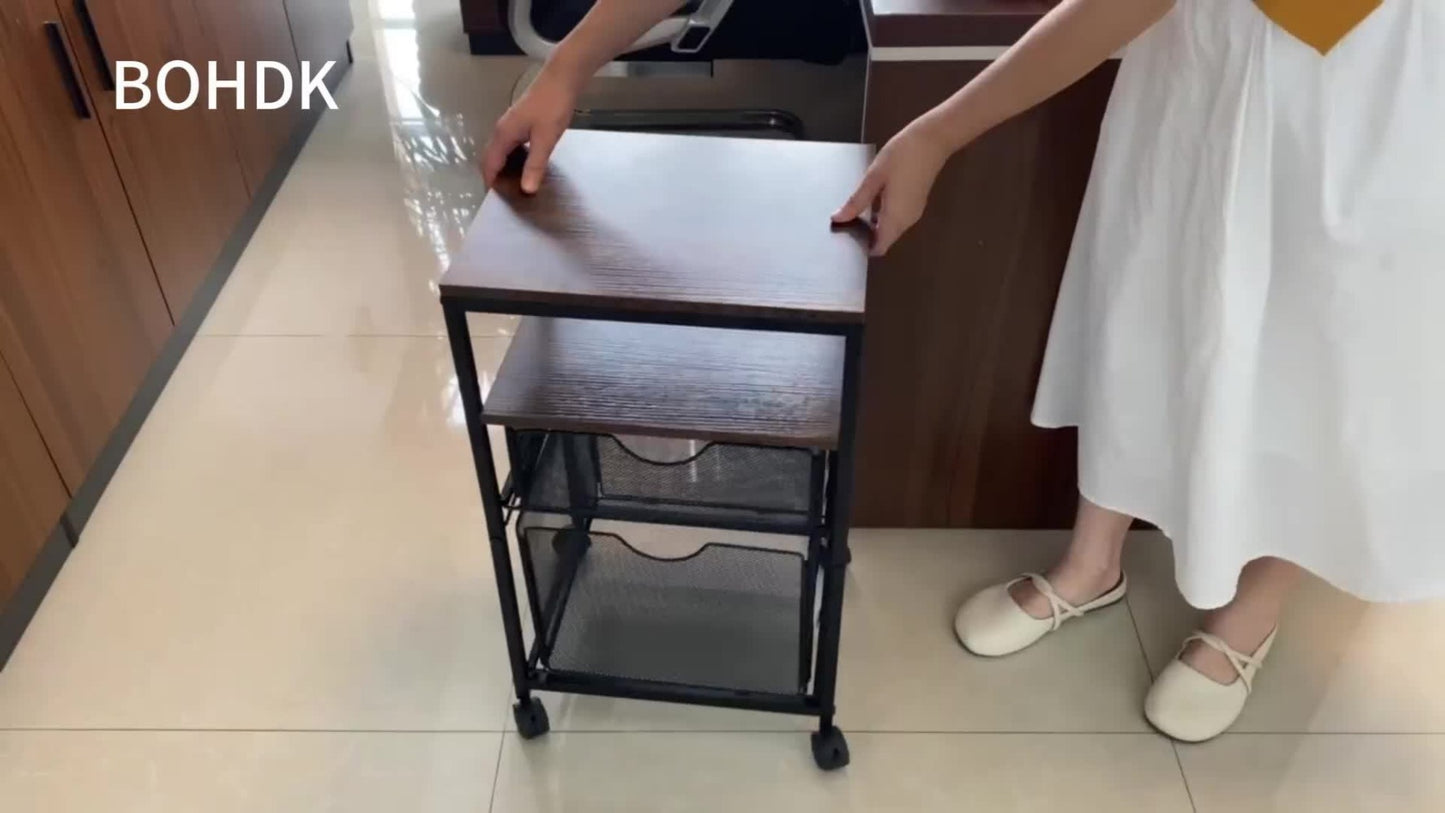 Rolling File Cart with Drawer for Hanging File Folders – Under Desk Office Cart with Paper Trays, Wood & Mesh 3-in-1 File Organizer, 14.8"L x 11.8"D x 27.7"H