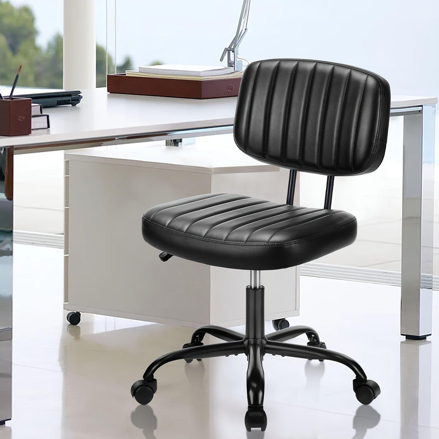 Small Desk Chair Armless, Comfortable Office Chair with Wheels, Rolling Task Chair with Low Back Lumbar Support, Vanity Chair for Bedroom Living Room Study Room, PU Leather