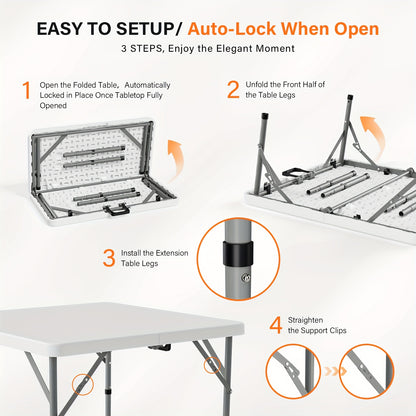 Bonnlo 34 Inch Folding Card Table Square Bi Folding HDPE Tabletop Sturdy Metal Frame Lock Design for Stability Indoor Outdoor Use Black/ White Folding Dining Table Foldable Kitchen Party Wedding Event Commercial Table