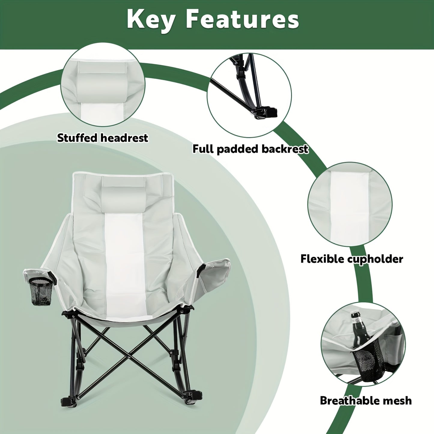 Outdoor Rocking Camping Chair for Adults Heavy Duty, Oversize Portable Folding Rocker Camp, Folding Lawn Chair for Outside Use with Side Pocket, Cup Holder And Cooler Bag