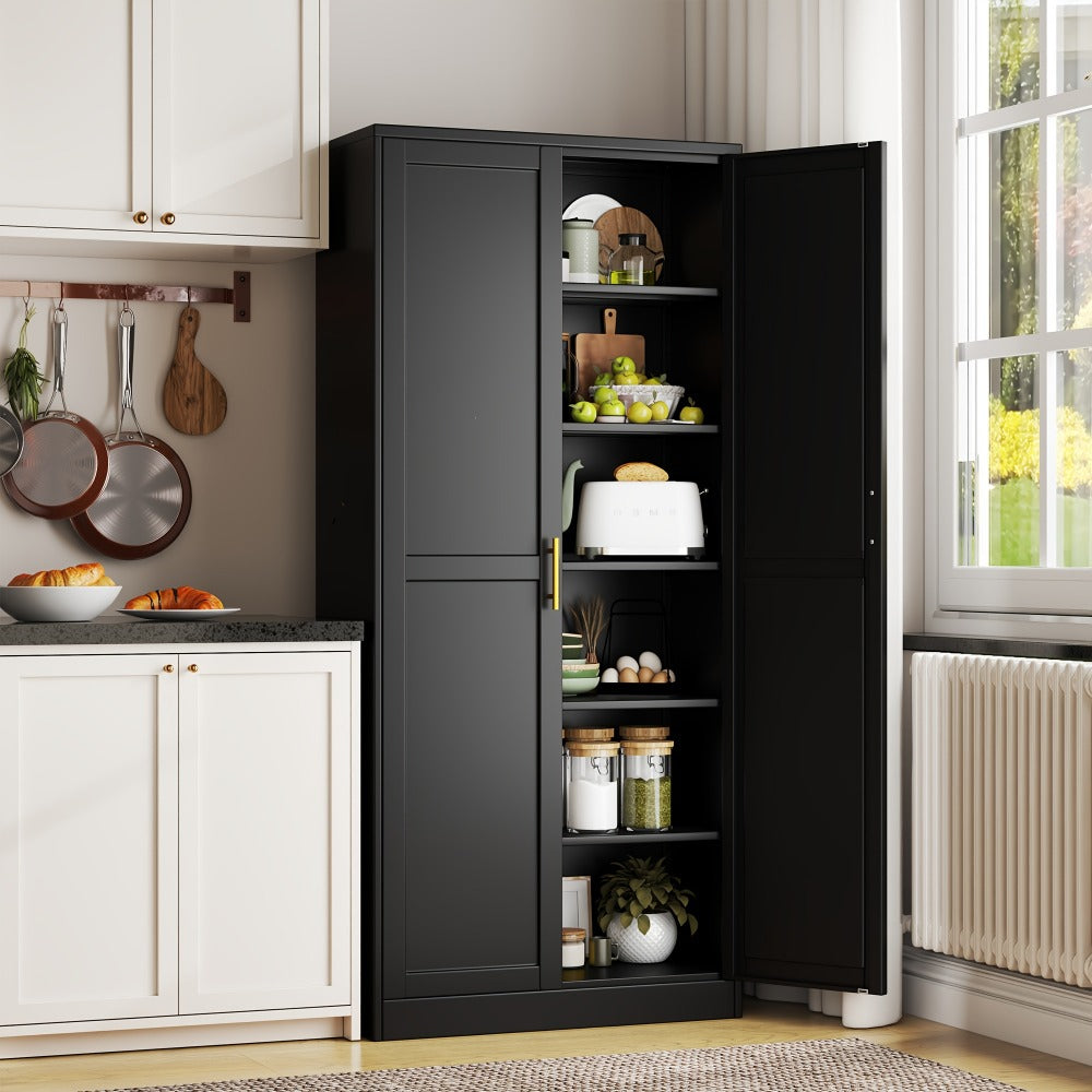 Metal Storage Pantry Cabinet 75" with Two Doors | Tall Freestanding Kitchen Storage Cabinet for Pantry, Garage, Laundry Room & Office | Adjustable Shelves | White, Black or Green