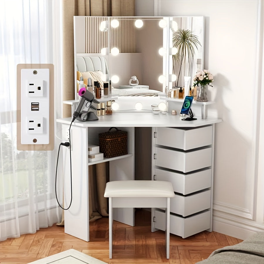 42" Tri-Mirror Corner Makeup Vanity Desk with Outlet, Lights, 5 Sliding Drawers Or Rotating Drawers, Come with Stool