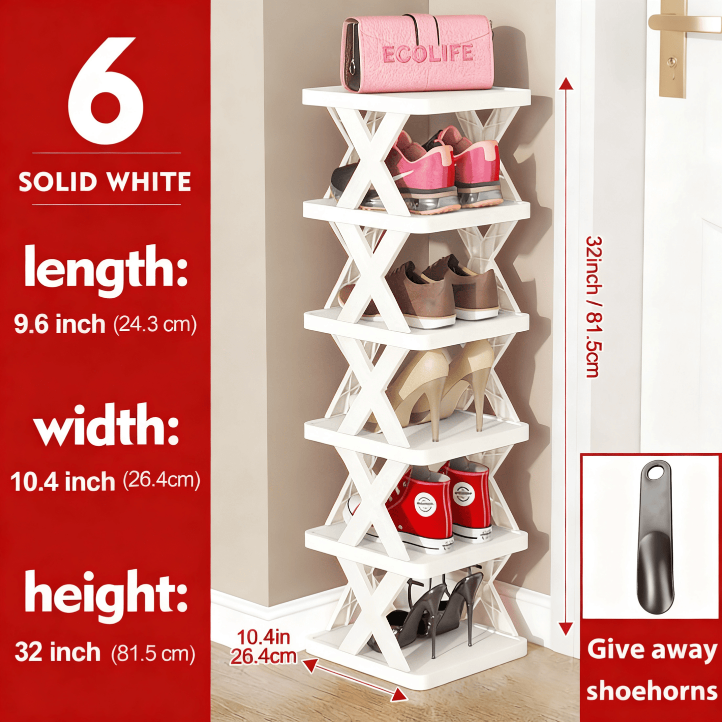 6/9 Tier Narrow Shoe Rack Give Away Shoehorns, Small Vertical Shoe Stand, Space Saving DIY Free Standing Shoes Storage Organizer for Entryway, Closet, Hallway, Easy Assembly and Stable in Structure, White and Green / Black / Blue