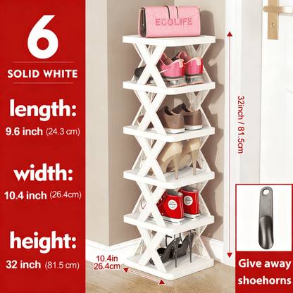 6/9 Tier Narrow Shoe Rack Give Away Shoehorns, Small Vertical Shoe Stand, Space Saving DIY Free Standing Shoes Storage Organizer for Entryway, Closet, Hallway, Easy Assembly and Stable in Structure, White and Green / Black / Blue