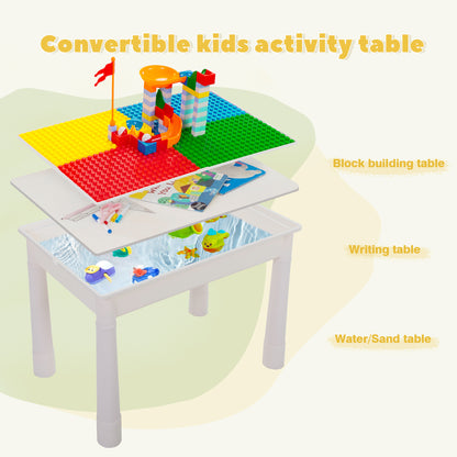 Kid Activity Table Set with 2 Chairs and 100Pcs Large Size Blocks, Compatible with Classic Blocks, Toddler Water Sand Table, Building Block Table for Boys Girls