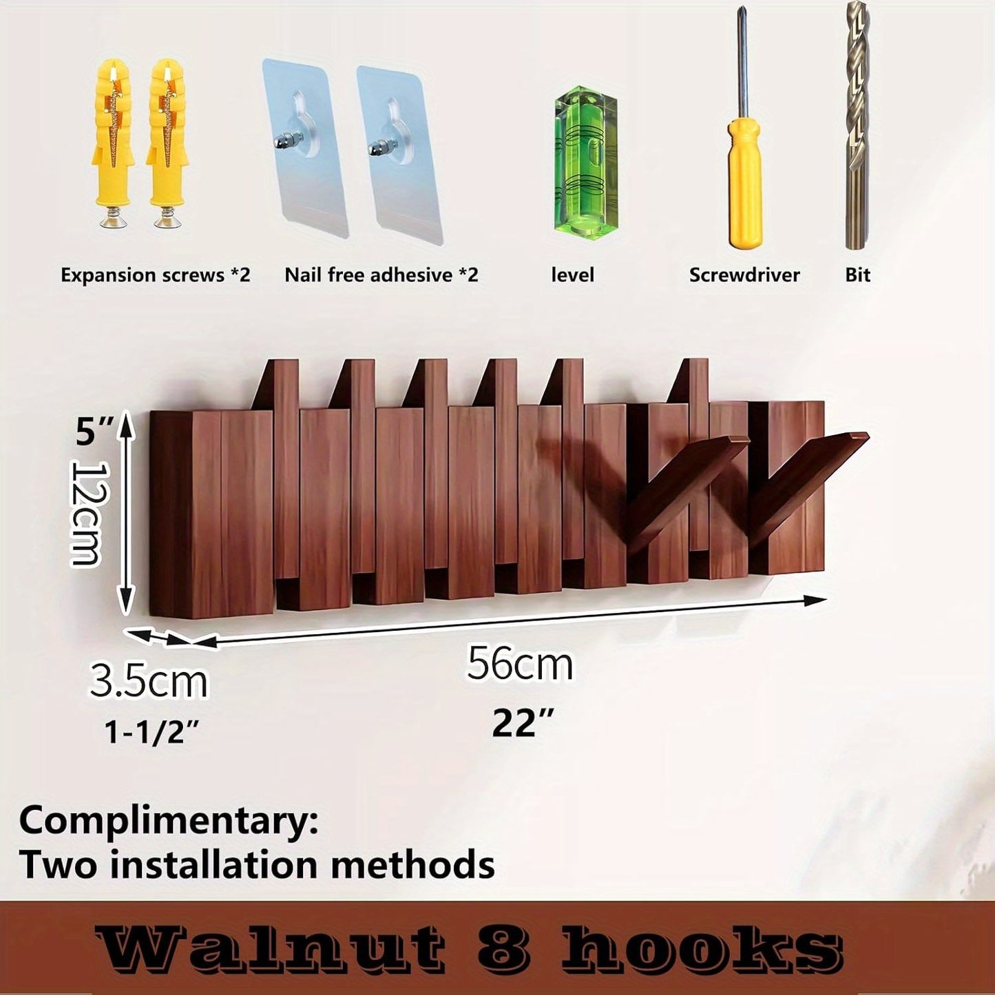 Modern Walnut Wooden, with 4/6/8/10/12 Hooks, Coat Rack, Hooks, Wall Mounted, Accordion, Entryway, Bedroom, Bathroom, Solid Wood, Smooth Polishing, Stable Adhere, Holds 22 Lbs, Floating Shelves