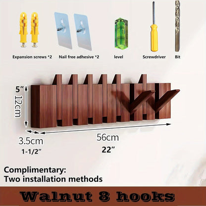 Modern Walnut Wooden, with 4/6/8/10/12 Hooks, Coat Rack, Hooks, Wall Mounted, Accordion, Entryway, Bedroom, Bathroom, Solid Wood, Smooth Polishing, Stable Adhere, Holds 22 Lbs, Floating Shelves