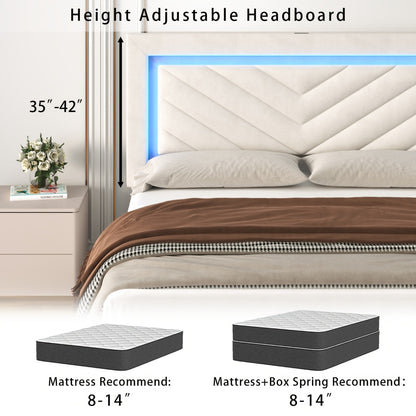 Upholstered Platform Bed Frame with LED Adjustable Headboard, Storage Drawers and Charging Station, No Box Spring Needed, Noise Free, Twin Full Queen, Off White Grey