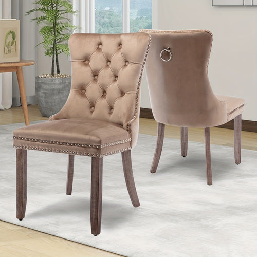 Velvet Wingback Dining Chairs Set of 2 with Tufted Button Back and Ring Pull Trim - Luxury Upholstered Chairs for Dining Room Living Room and Bedroom