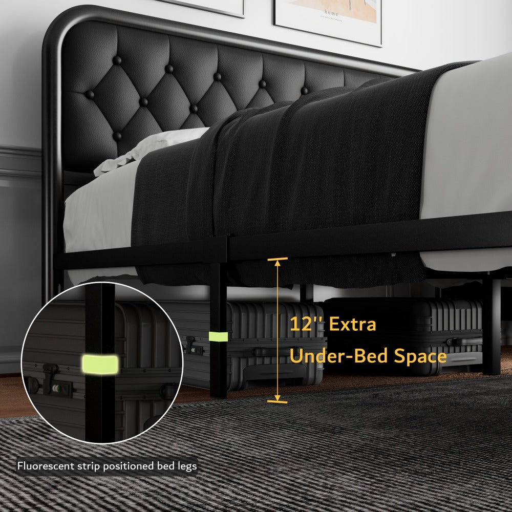 Metal Platform Bed Frame with Faux Leather Headboard Heavy Duty Steel Slats 12 Inch Under Bed Storage Space Easy Assembly Full Queen King Black