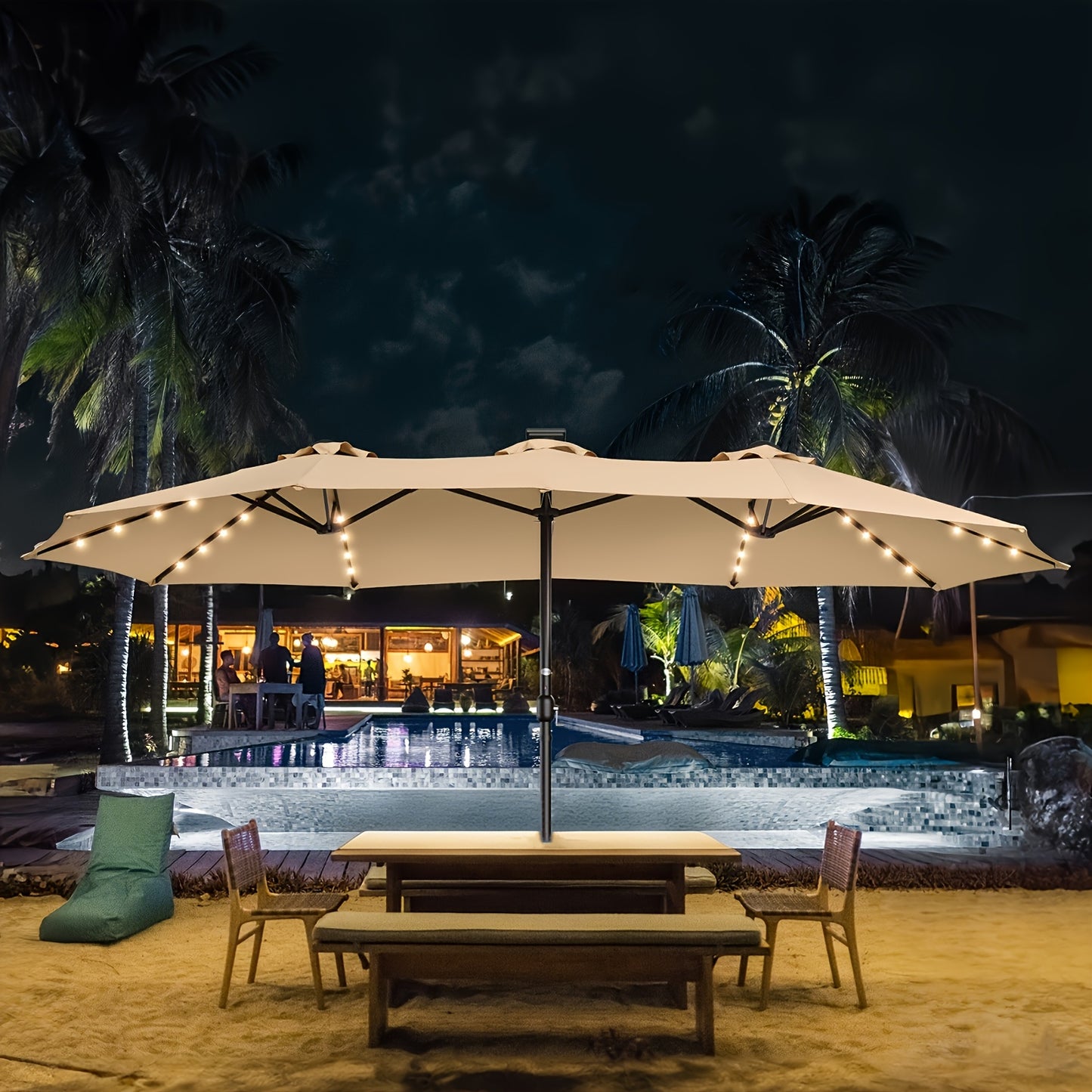 15Ft Outdoor Double-Sided Patio Umbrella with Base And 48 Solar LED Lights Lit, 10 Hours of Lighting, Large Patio Umbrella with Crank Handle, Market Table Umbrella, Strong UV Protection, 12 Heavy-Duty Ribs, for Lawn Garden, Deck, Poolside