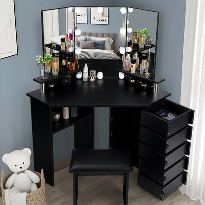 42" Corner Makeup Vanity Desk with Tri-Mirror, Lights & Outlet, 5 Sliding or Rotating Drawers, Stool Included – Dressing Table Set for Bedroom