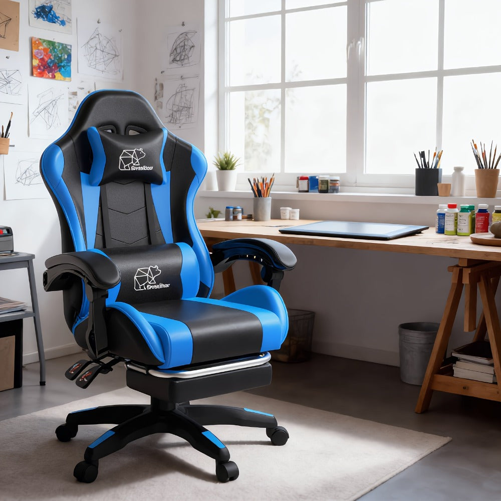 Ergonomic Gaming Chair with Lumbar Support & Optional Footrest – High Back Home Office Recliner for Adults & Teens, Fixed Armrests, Premium Padding, Black Blue, Black Orange, Black White