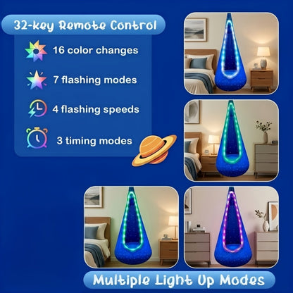 Hammock Chair with LED Lighting & Air Pillow Mounting Kit, 16-Color Remote Control, Hanging Swing Seat for Bedroom Balcony Study, Blue & Pink