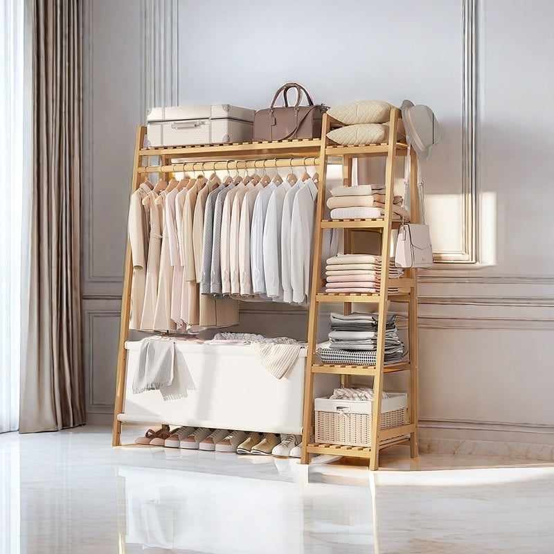 A multi capacity storage rack with brown and brown options, equipped with 5 side storage racks. A hat rack with shelves and bags is suitable for home storage, and a side hat hook is suitable for bedroom and hat room storage Specifications: with bag or wit