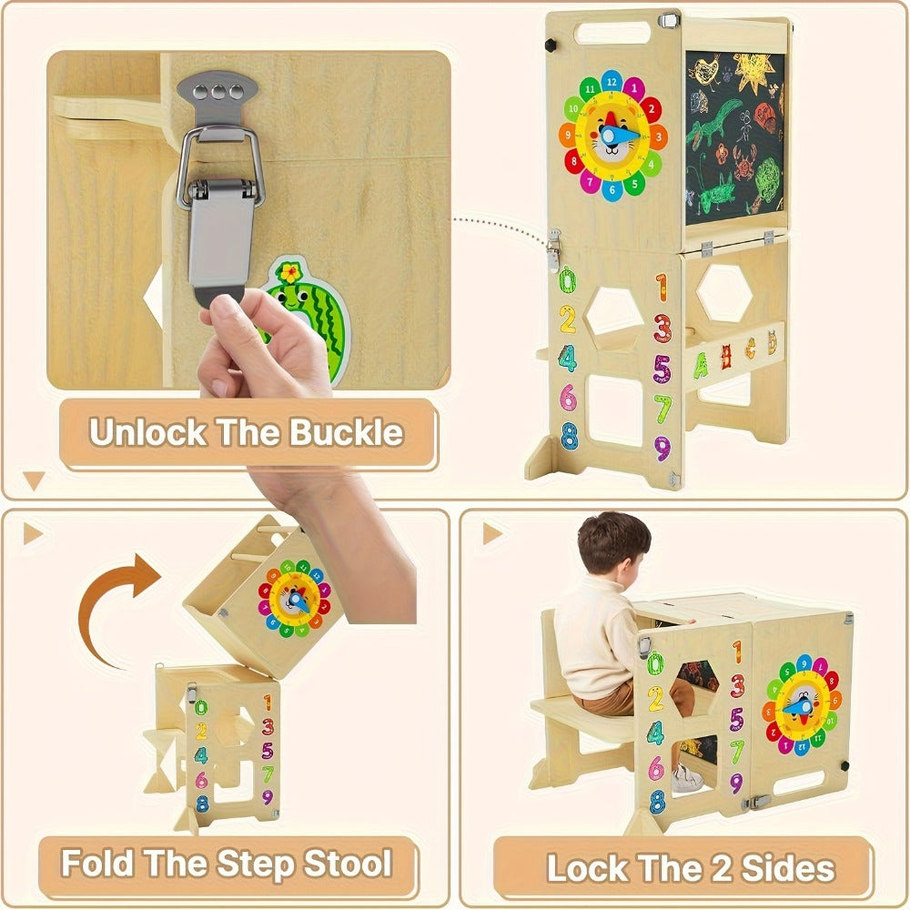 4-in-1 Toddler Learning Tower Foldable Wood Step Stool with Learning Clock & Blackboard, Kids Kitchen Helper Climbing Ladder for Motor Skills Development, Montessori Toddler Furniture, Khaki