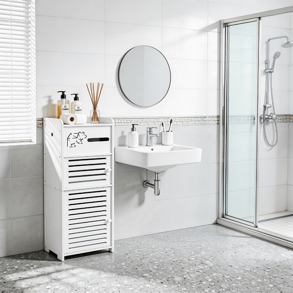 White Freestanding Bathroom Cabinet Multi-Tier Storage Shelf with Door, Moisture & Dust Proof Wood-Plastic Material for Small Spaces, Toilet Paper, Towels & Toiletries
