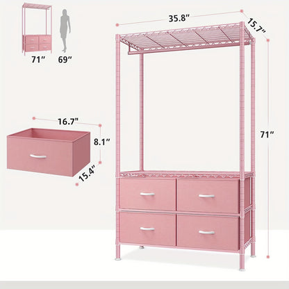 Heavy Duty Clothes Rack, Clothing Rack For Hanging Clothes With 4 Drawers Load 420LBS, Easy To Assemble, Sturdy & Durable Design, Large Capacity For Coats, Shirts, Closet Organizers And Storage, Furniture For Home, Christmas Decorations, Pink