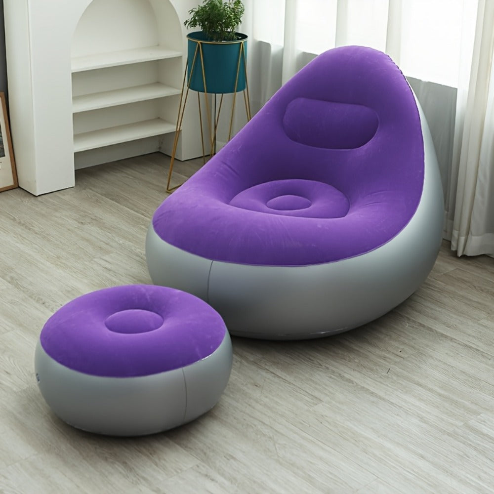 Inflatable Sofa Set with Footstool & Foot Pump Included - Foldable Air Lounge Chair for Indoor Outdoor Camping Patio & Bedroom | Heavy Duty PVC Lazy Couch for Adults | Purple Red Brown