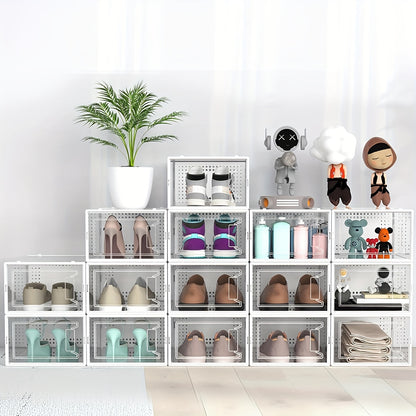6/12/24 Pack Large Shoe Storage Organizer for Closet, Modular Space Saving Shoe Boxes Clear Plastic Stackable Containers Display Case Bins with Lids, Shoe Rack for Sneaker Storage, White And Black Soceer Shoes