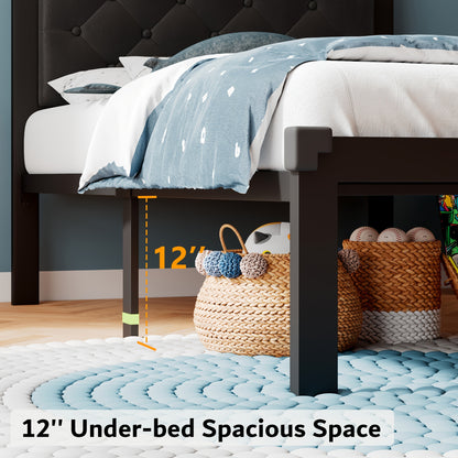Metal Bed Structure, Platform Style with a Button-Tufted Headboard, Featuring 12 Inches of Space Underneath, Supported by Steel Slats, And Designed for Easy Assembly