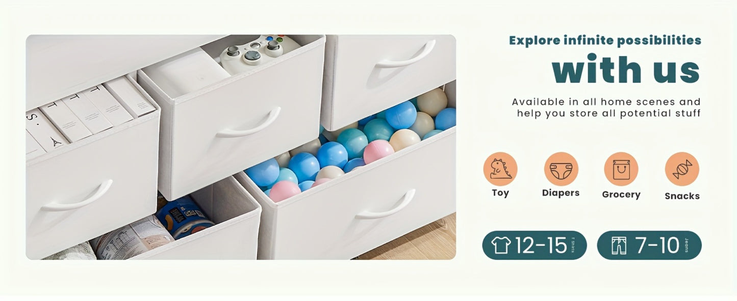 5-Drawer Dresser with Fabric Drawers & Cabinet Suitable for Bedroom, Room with Plastic Frame & Top, Low Chest Organizer Unit with Removable Bins, Space-Saving Furniture for Closet,, Hallway, Assembly