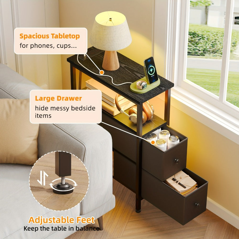 TOMNK Slim End Table for Living Room Featuring a Charging Station, Nightstand with Two Fabric Drawers, Narrow Side Table with Cloth Storage, Compact Nightstand for Bedrooms, Ideal for Small Areas, Sofa
