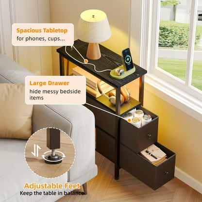 TOMNK Slim End Table for Living Room Featuring a Charging Station, Nightstand with Two Fabric Drawers, Narrow Side Table with Cloth Storage, Compact Nightstand for Bedrooms, Ideal for Small Areas, Sofa