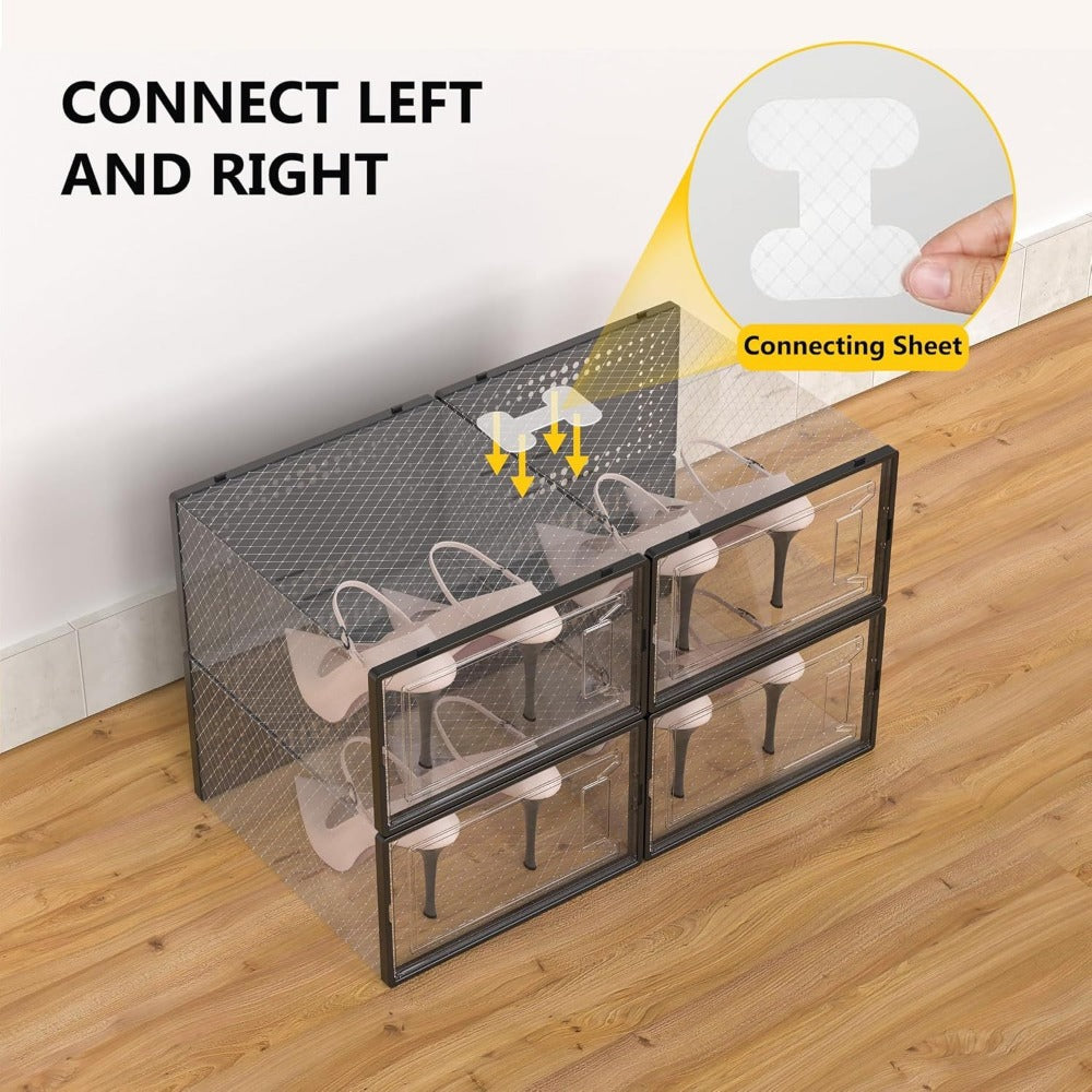 Clear Stackable Shoe Boxes with Lids 6, 12 or 24 Pack, Plastic Shoe Storage Organizer for Closet Sneaker Display, Modular Space Saving Shoe Containers, Black White