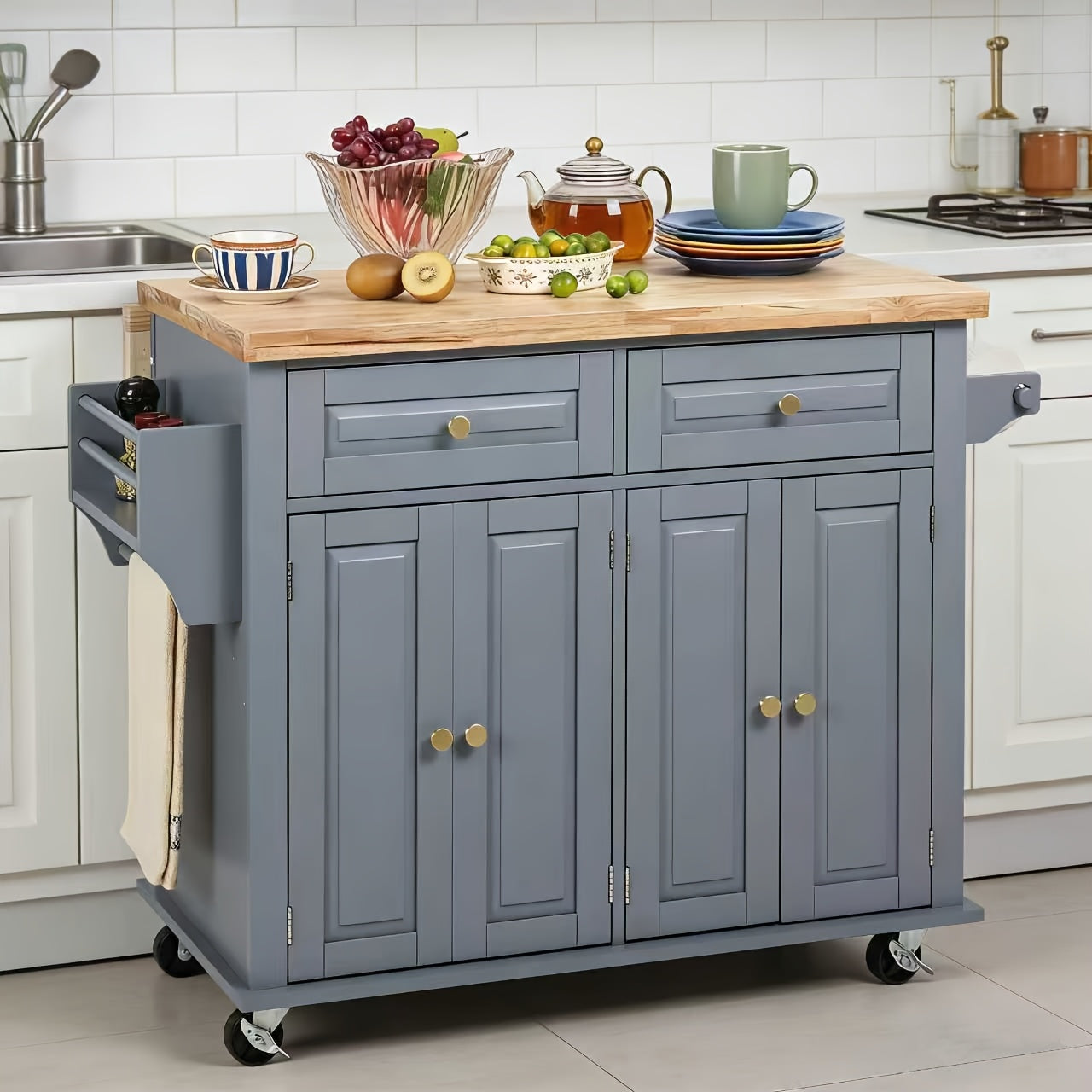 Rolling Kitchen Island with Drop Leaf, Thicken Rubberwood Top, Spice Rack, Towel Rack, Drawer, 43.3" Portable Mobile Kitchen Island Carts Table, Storage Cabinet, Both Wheels And Feet