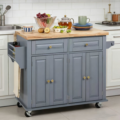 Rolling Kitchen Island with Drop Leaf, Thicken Rubberwood Top, Spice Rack, Towel Rack, Drawer, 43.3" Portable Mobile Kitchen Island Carts Table, Storage Cabinet, Both Wheels And Feet