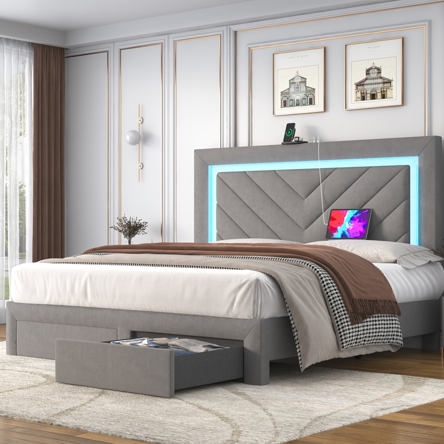 Upholstered Platform Bed Frame with LED Adjustable Headboard, Storage Drawers and Charging Station, No Box Spring Needed, Noise Free, Twin Full Queen, Off White Grey