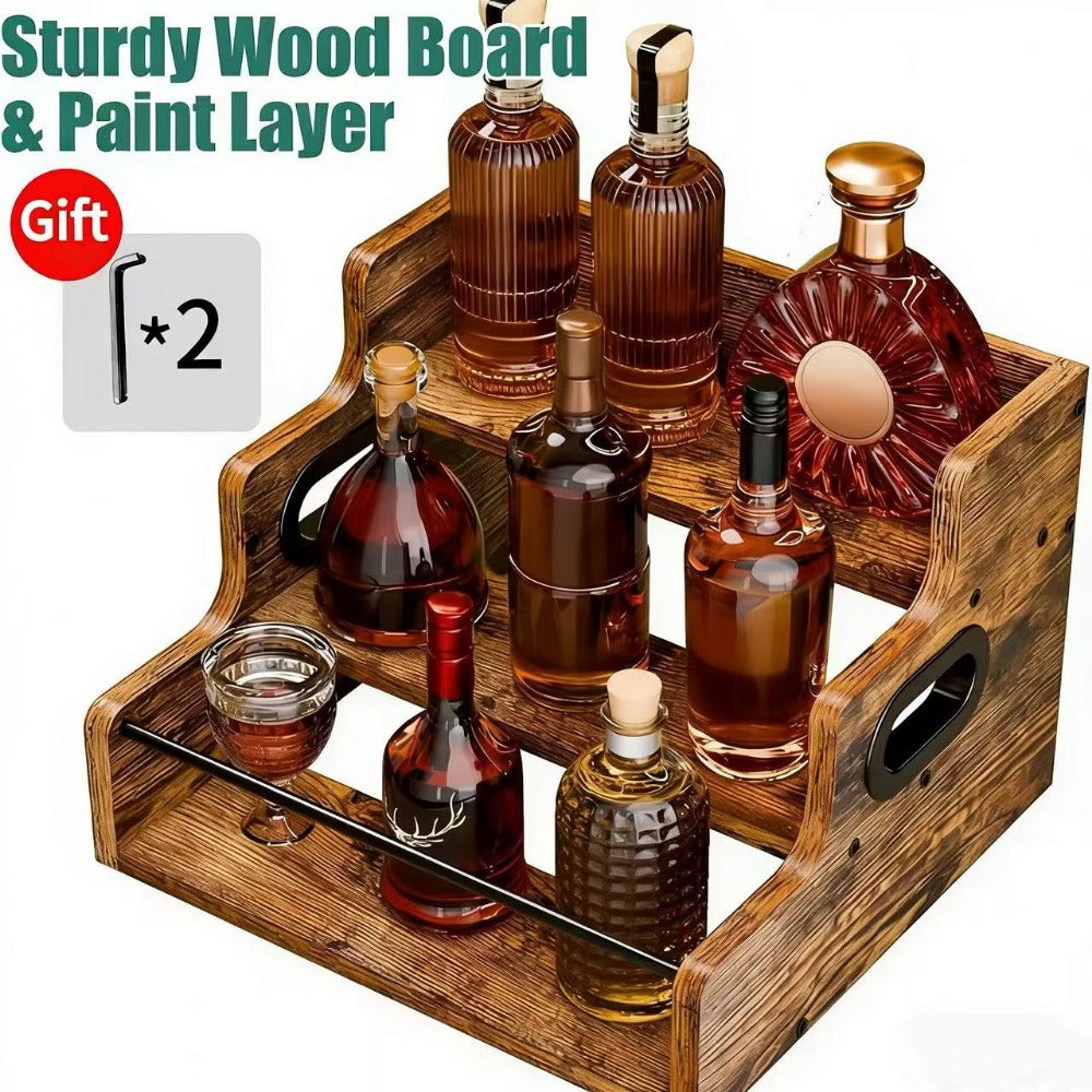 Solid Wood Countertop Liquor Bottle Display Shelf 3 Step Wine Rack Bar Organizer for Home Bar Whiskey Spirits Coffee Syrup Spice Rack