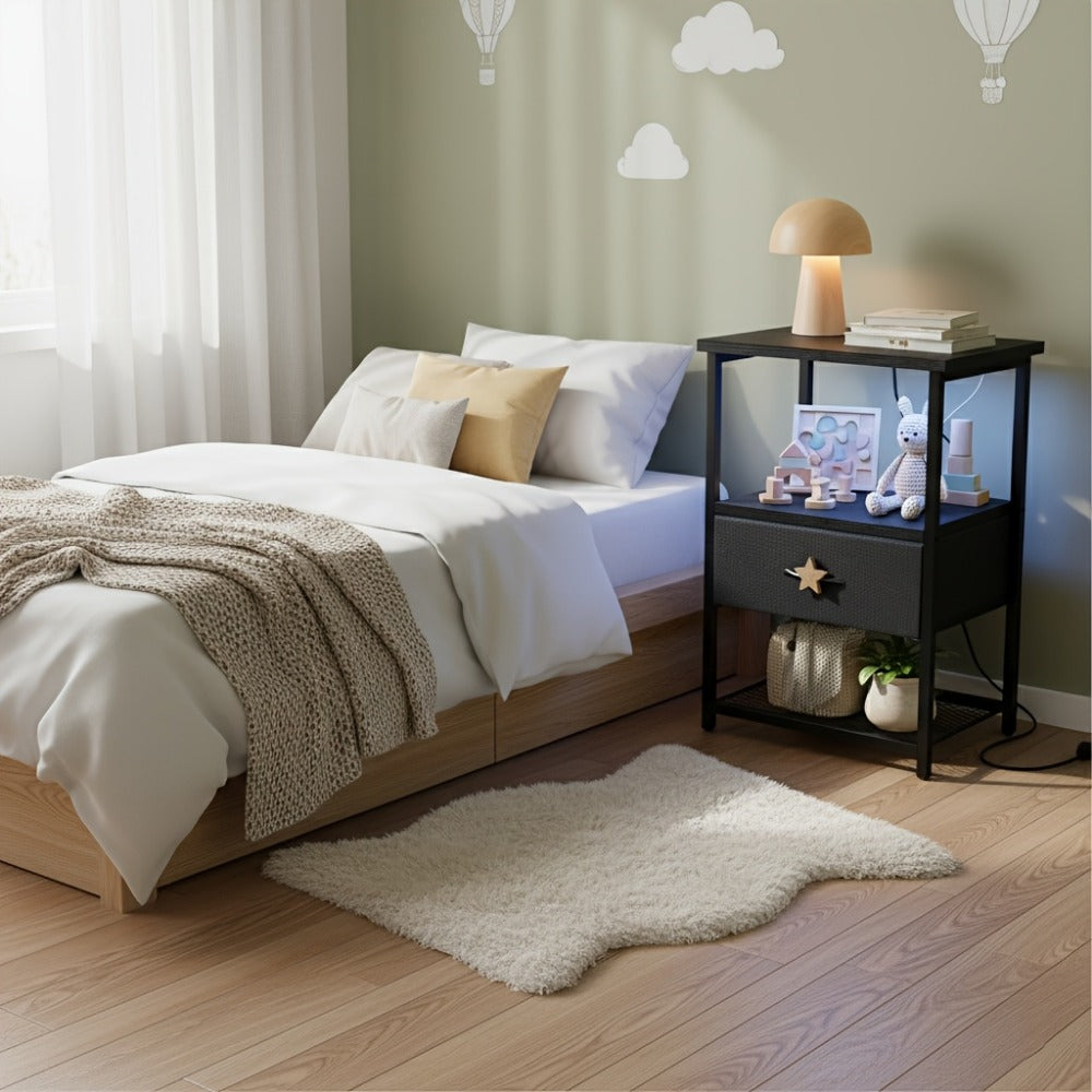 Nightstand with Charging Station, LED Light & Drawer – PU Finish Bedside Table for Bedroom, Black, Rustic Brown or White (1 or 2 Piece Set)