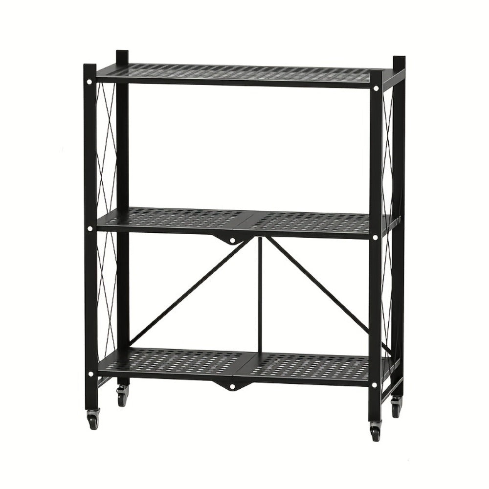 Heavy-Duty Foldable Storage Shelf with Wheels – 3, 4 or 5 Tier Black Metal Shelving Unit, No Assembly Required, Space-Saving Rack for Living Room, Kitchen, Garage & Office