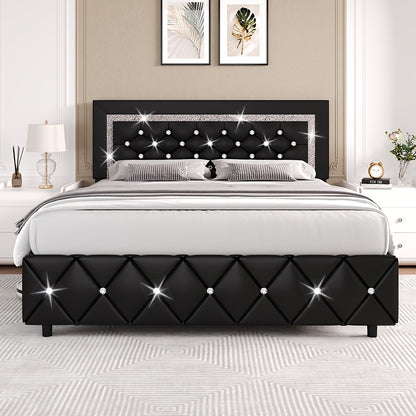Upholstered Platform Bed Frame with Button-Tufted Diamond Headboard – Wooden Slats, No Box Spring Needed, Twin Full Queen King, Black White Pink Green Gray Beige