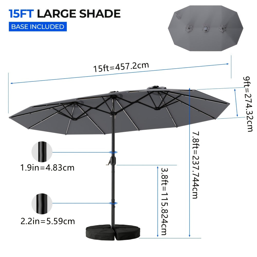 15 Ft Solar LED Patio Umbrella Double Sided with Base 48 LED Lights UPF50+ UV Protection 12-Rib Crank Handle for Lawn Garden Deck Pool 5 Colors